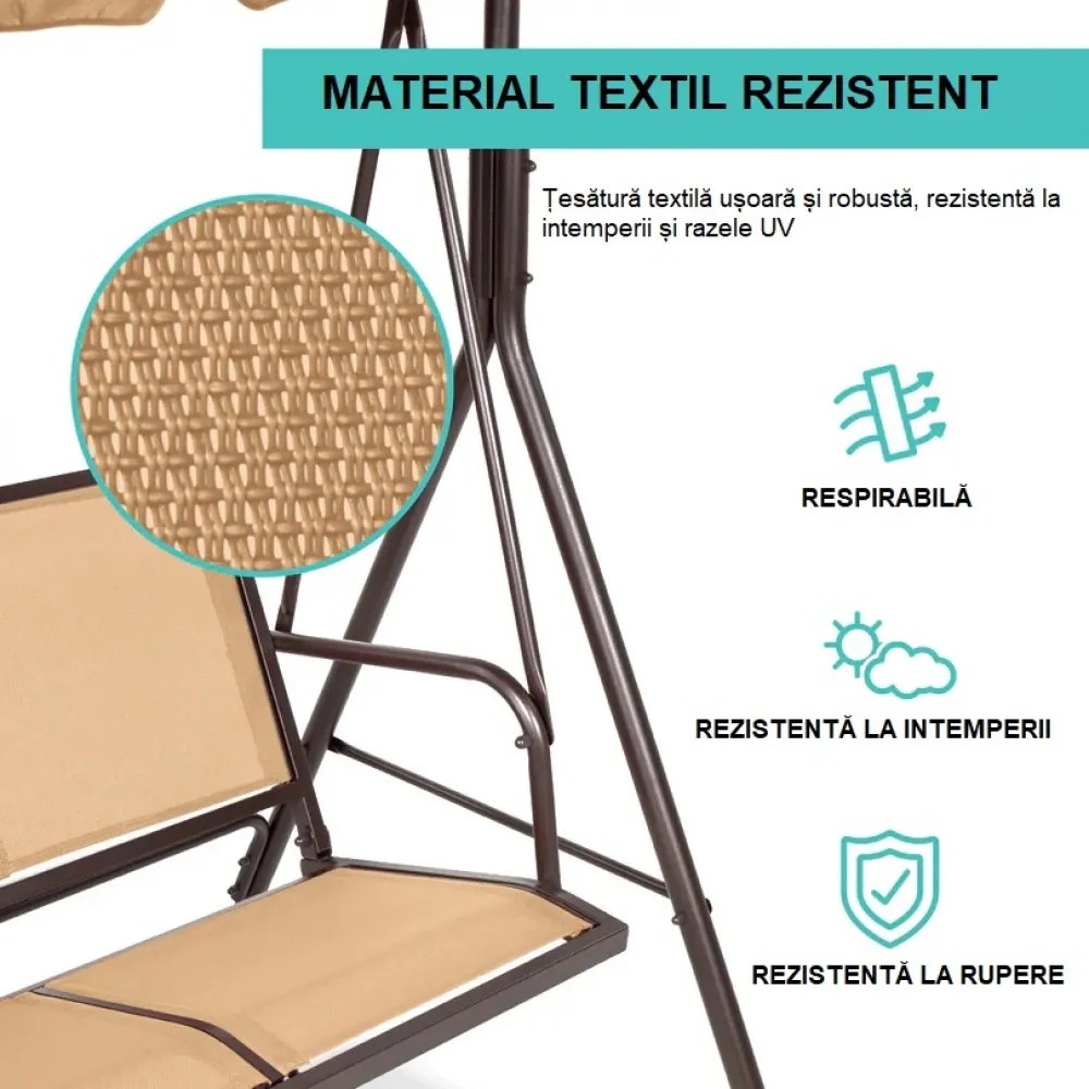 Balansoar de grădină, 3 locuri, cu baldachin și cadru din oțel, Bej