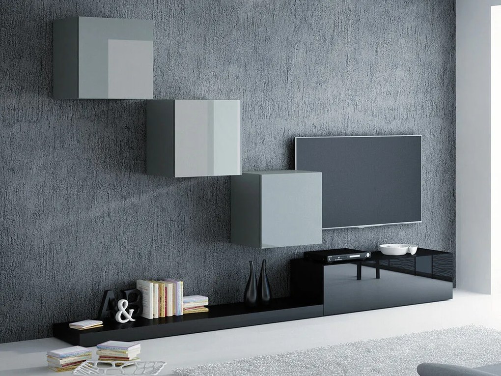 Mobilă pentru sufragerie Charlotte 113 Gri lucios, Negru, Negru lucios, Gri, Părți separate, Cu comodă tv, PAL laminat, 300x42cm, 71 kg