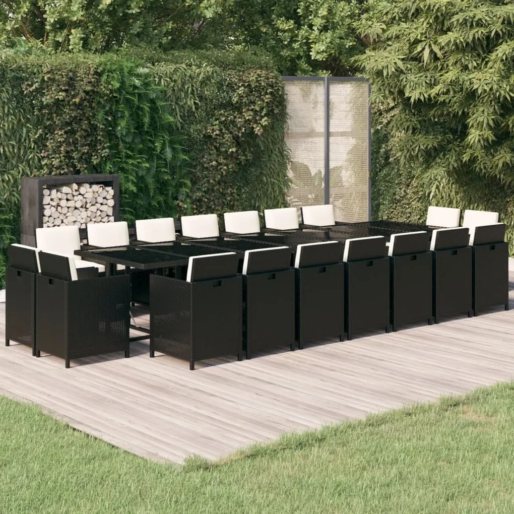 Set mobilier de gradina cu perne, 19 piese, negru, poliratan Negru si alb crem, masa + 18x fotoliu, 1