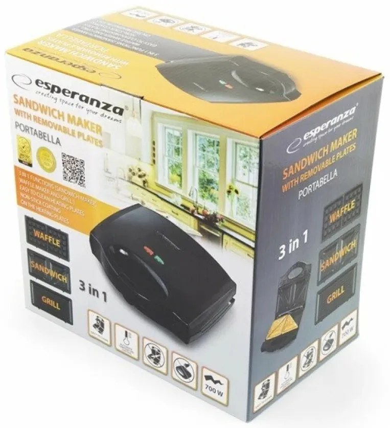 Prajitor de paine tip Sandwich Maker Esperanza Portabella EKT006W3 in 1 700W Alb