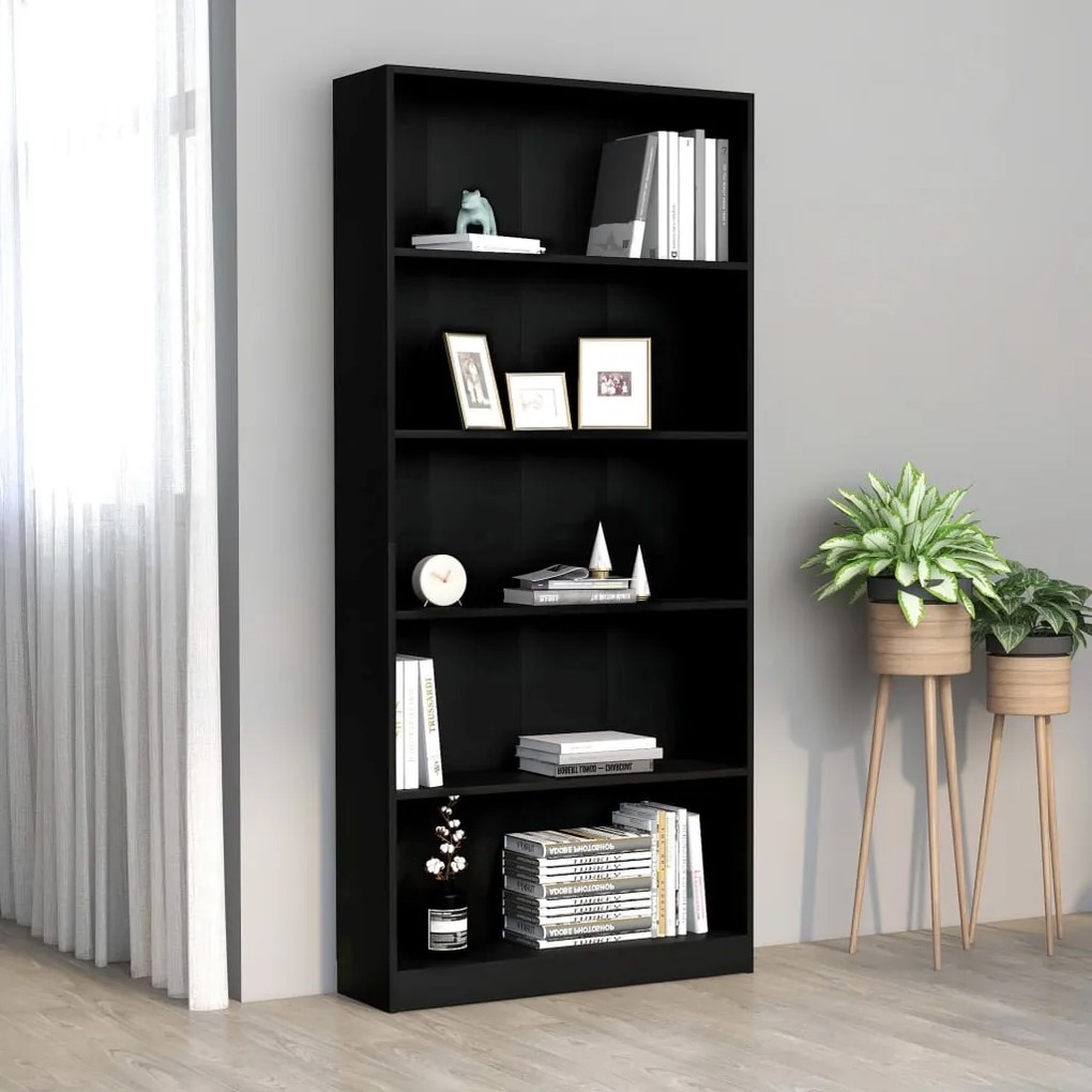 800919 vidaXL Bibliotecă cu 5 rafturi, negru, 80x24x175 cm, lemn prelucrat