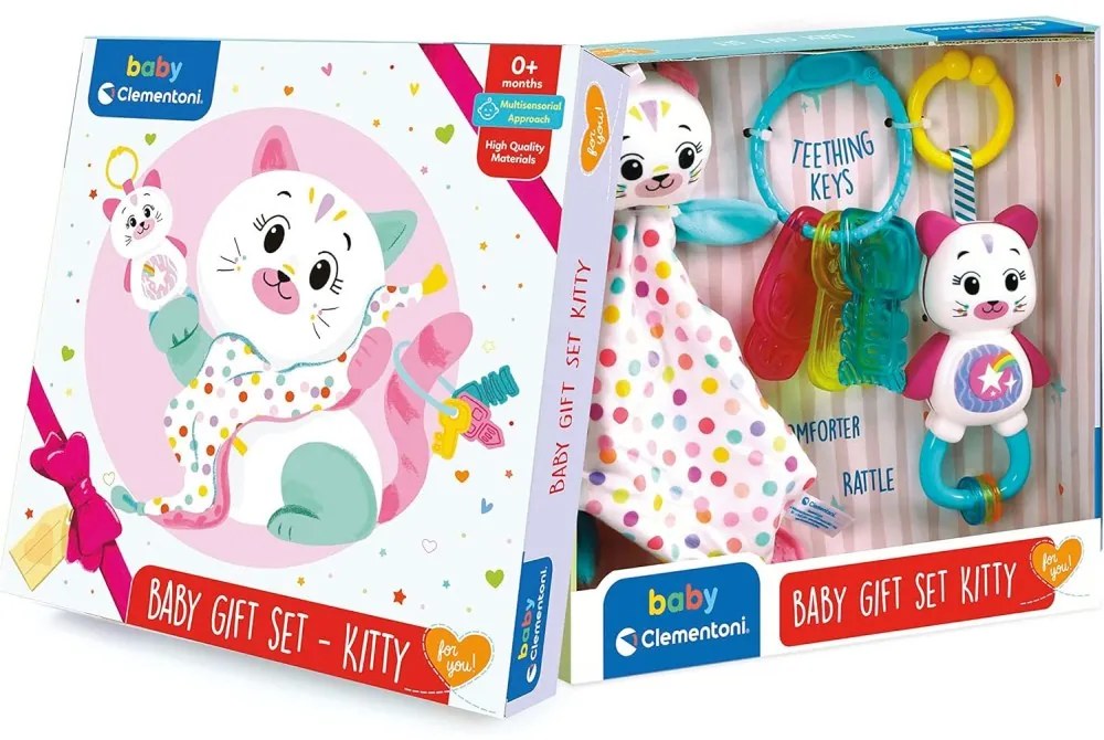 SET CADOU BEBELUSI PENTRU DEZVOLTAREA MULTISENZORIALA CE INCLUDE ZORNAITOARE PISICUTA CHEI PENTRU DENTITIE SI PATURICA DE CONFORT - CLEMENTONI (CL17805)