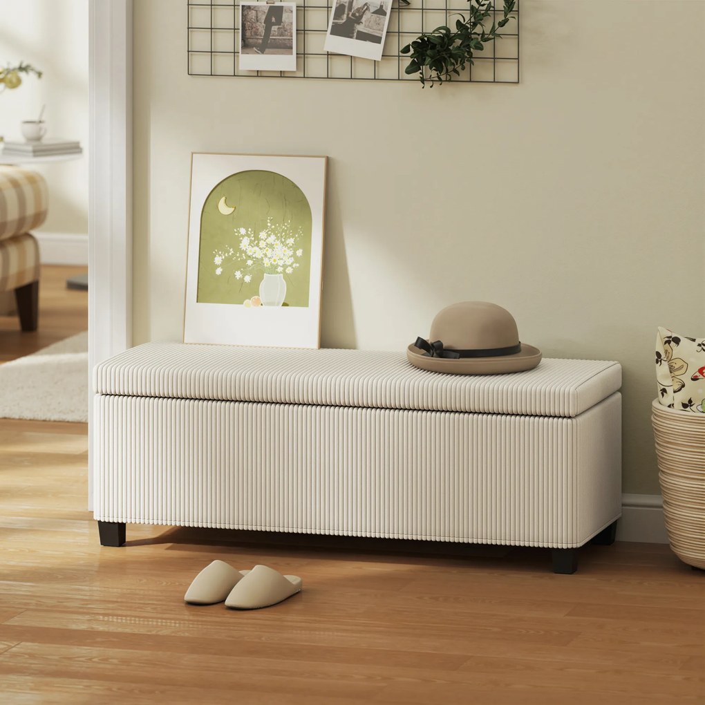 HOMCOM Bancă de Depozitare de 84L, din Țesătură cu Efect de Catifea și Oțel, 112x42x40 cm, Bej | Aosom Romania