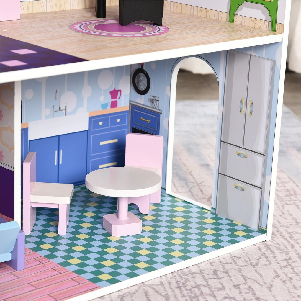 Casa de Papusi din Lemn pentru Copii 3 ani+ cu 12 Accesorii, Trei Etaje, Curte si Mobilier 86x30x87cm Roz HOMCOM | Aosom RO