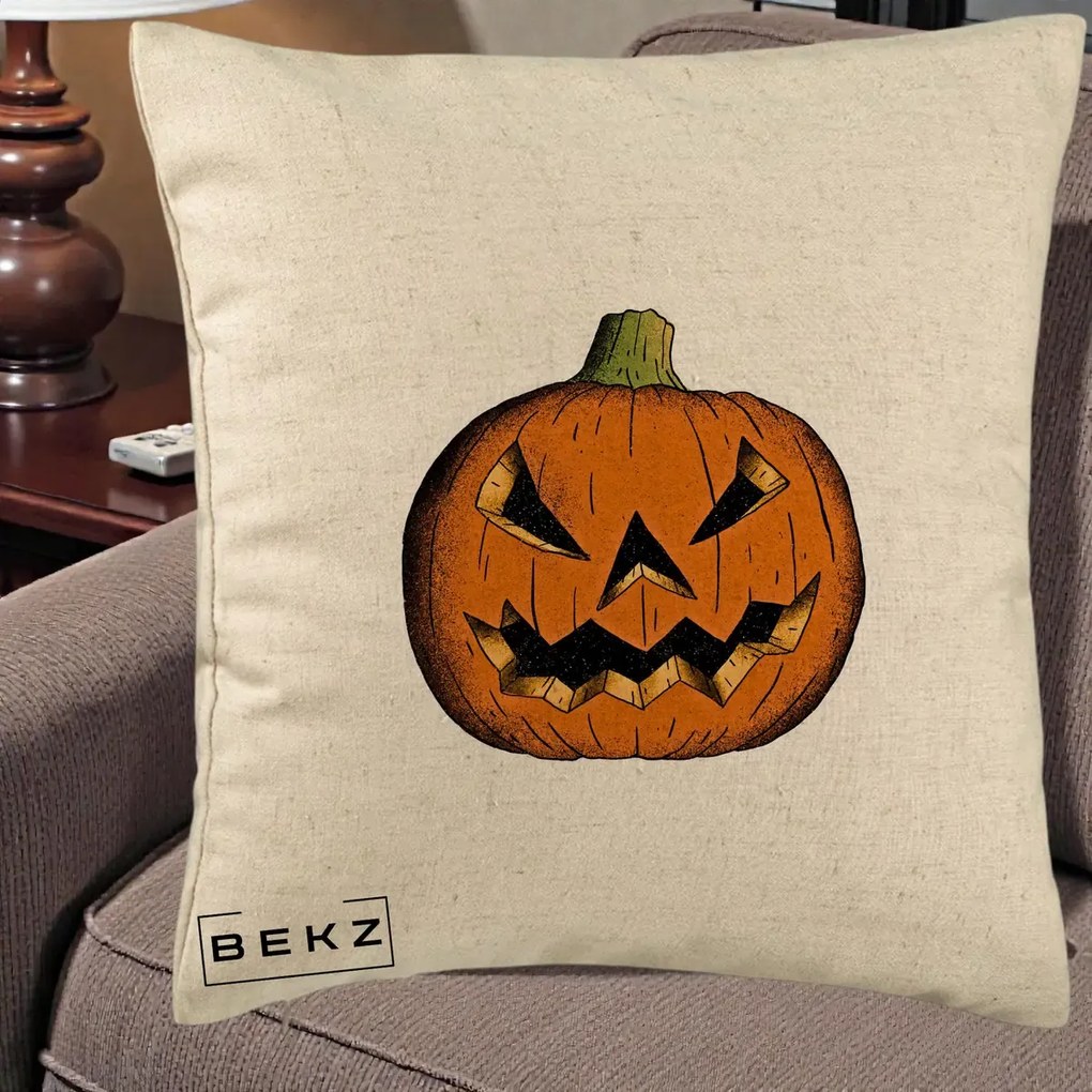 Perna Decorativa Halloween Dovleac Portocaliu Clasic, 40x40 cm, Bej, Husa Detasabila, Perna Inclusa, BEKZ®