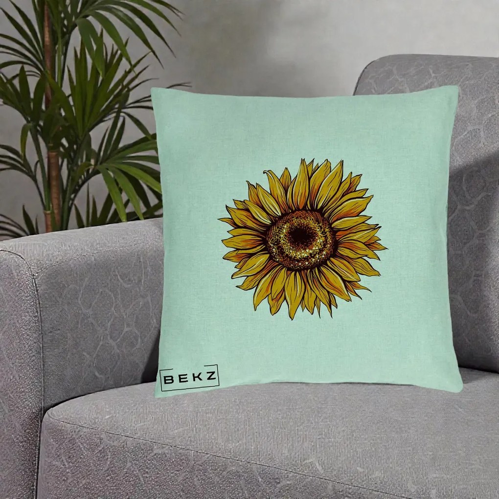 Perna Decorativa Floarea Soarelui Vibranta, 40x40 cm, Verde Menta, Husa Detasabila, Perna Inclusa, BEKZ®