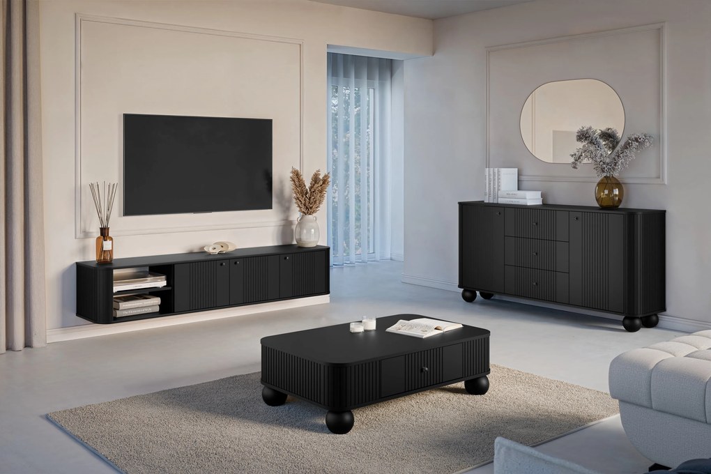 Comodă cu sertare Vesper 160 cm picioare sferice - negru / mânere negre