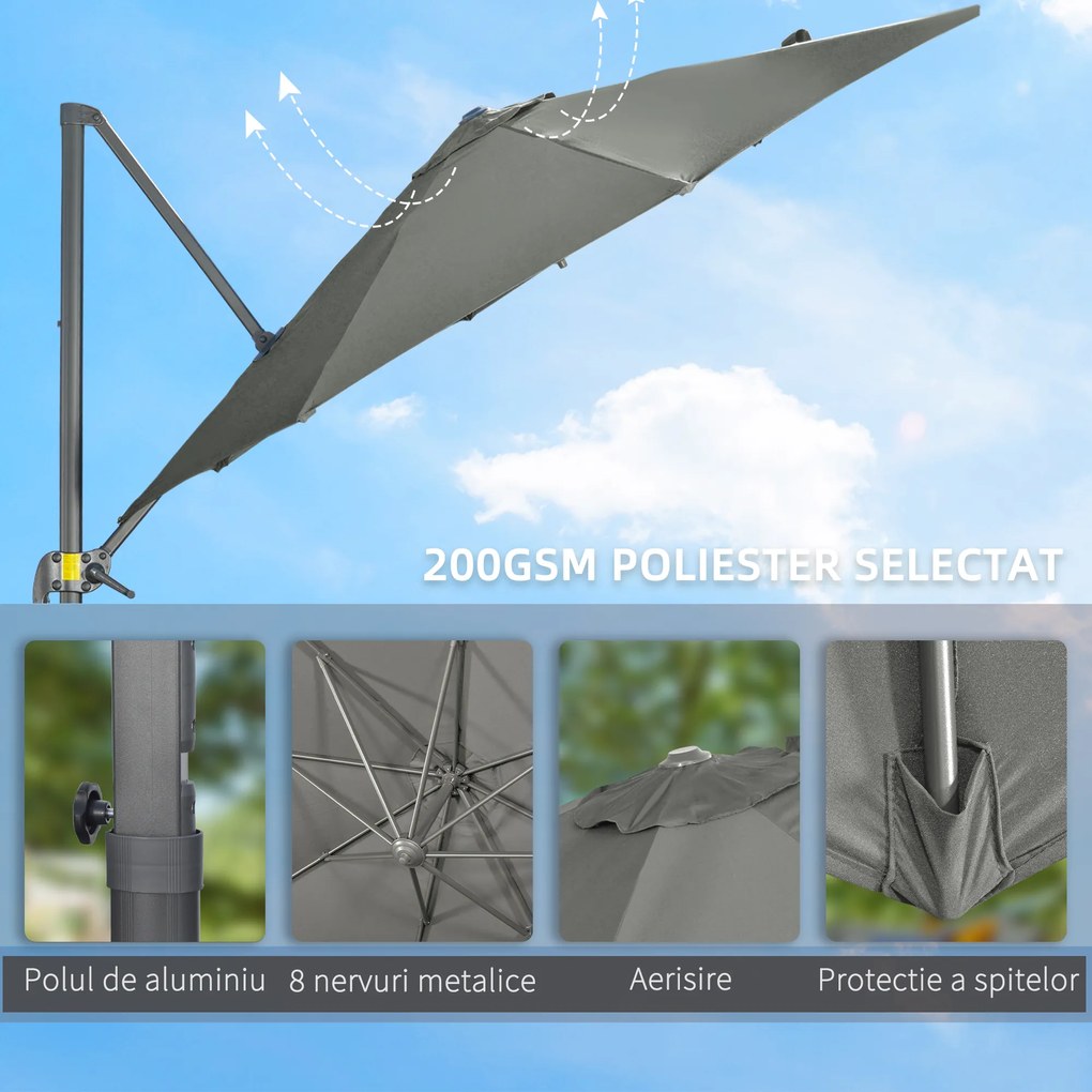 Outsunny Umbrelă Solară de Grădină Decentralizată cu Înclinare și Rotație 360° Ø294x248cm Gri | Aosom Romania