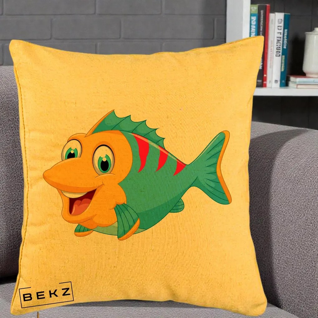 Perna Decorativa Peste Vesel Cartoon, 40x40 cm, Galben, Husa Detasabila, Perna Inclusa, BEKZ®