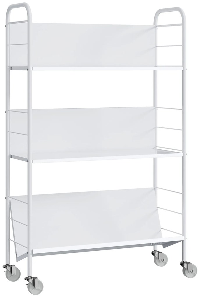 HOMCOM Cărucior Modern pentru Cărți cu 3 Nivele și Roți Pivotante pentru Cărți și Reviste, 69x26x108 cm, Alb | Aosom Romania
