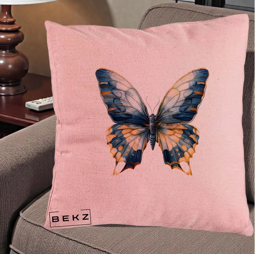 Perna Decorativa Fluture Albastru Auriu Elegant, 40x40 cm, Roz, Husa Detasabila, Perna Inclusa, BEKZ®