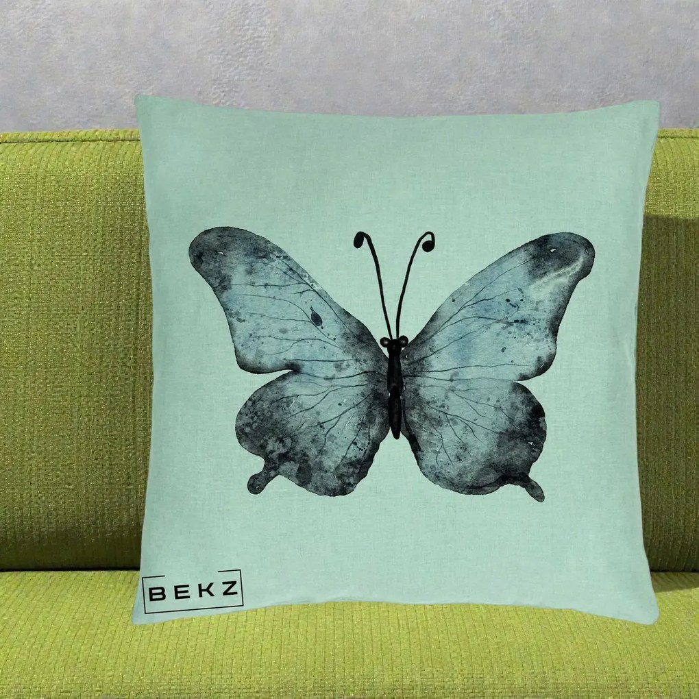 Perna Decorativa Fluture Acuarela Albastru-Gri, 40x40 cm, Verde Menta, Husa Detasabila, Perna Inclusa, BEKZ®
