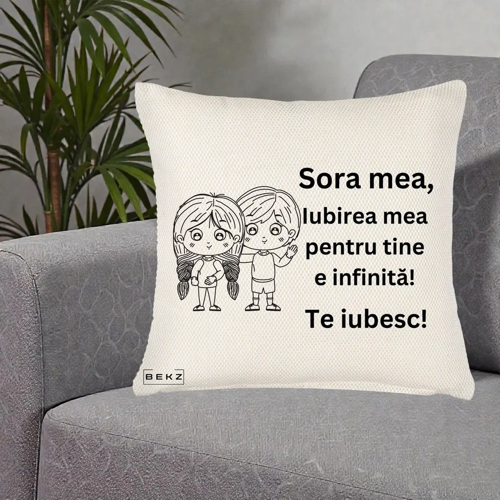 Cadou pentru Sora - Perna Personalizata Sora Mea Te Iubesc Copii Anime Line Art, 40x40 cm, Crem Reliefat, Husa Detasabila, Perna Inclusa, BEKZ®