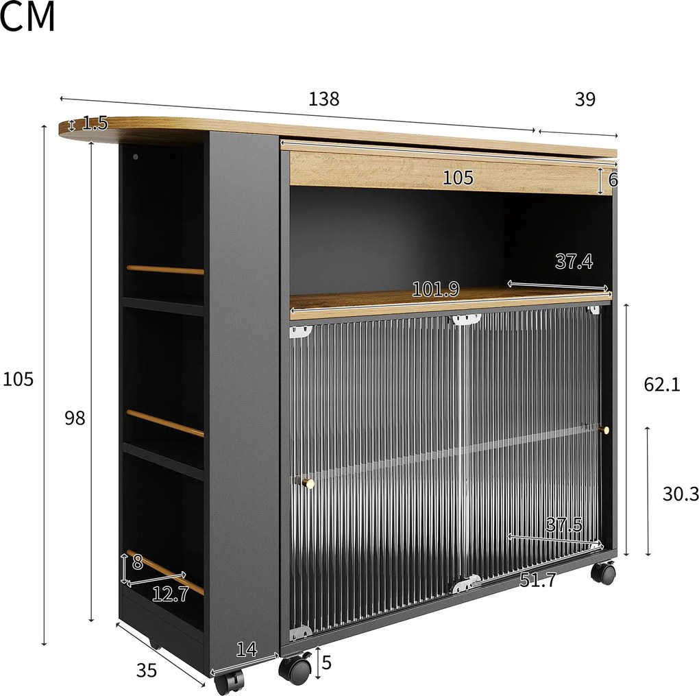 Masă bar modernă extensibilă și mobilă, cu LED, spațiu mare de depozitare, 138-204×39×105 cm, Negru
