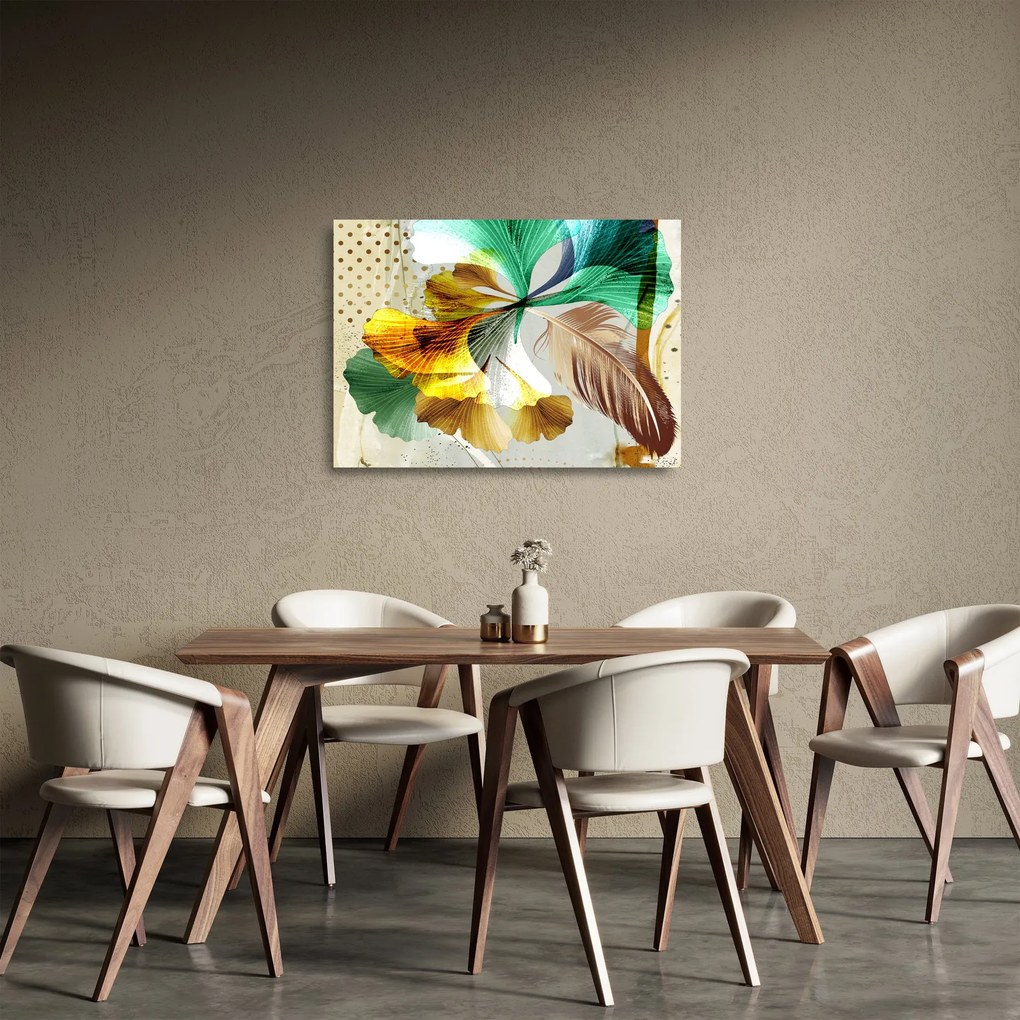 Tablou pe sticlă - Frunze cu pană (70x50 cm)