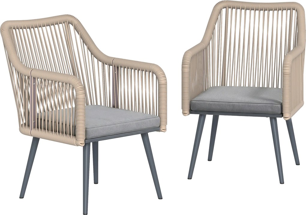 Outsunny Set de 2 scaune de grădină pentru exterior din ratan cu perne, cotiere și cadru din oțel pentru terasă 54x65x80 cm gri | Aosom Romania
