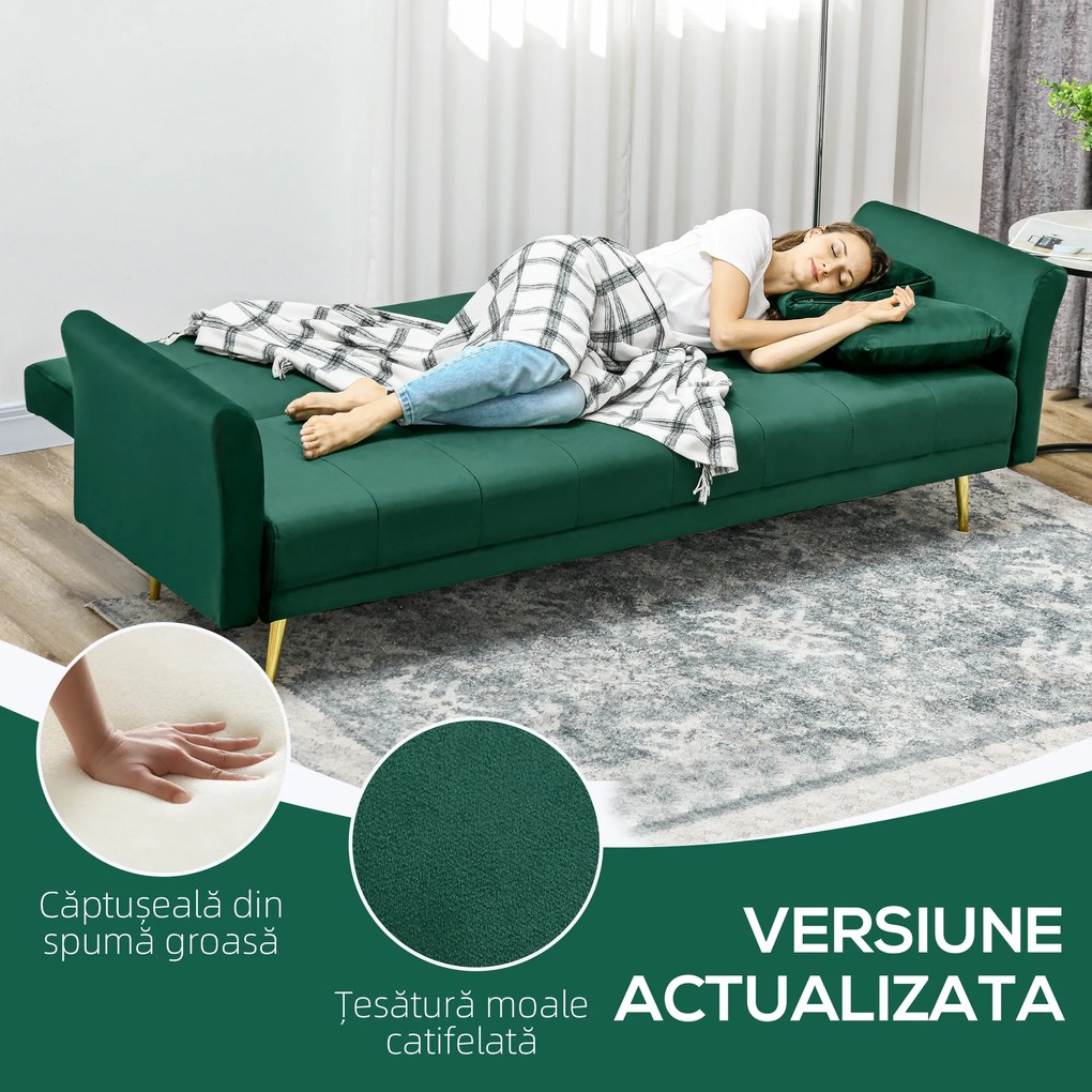 HOMCOM Canapea Pat cu 3 Locuri, 2 Perne Incluse, Spătar Reglabil, Canapea Versatilă 206x81x83 cm, Verde Elegant | Aosom Romania