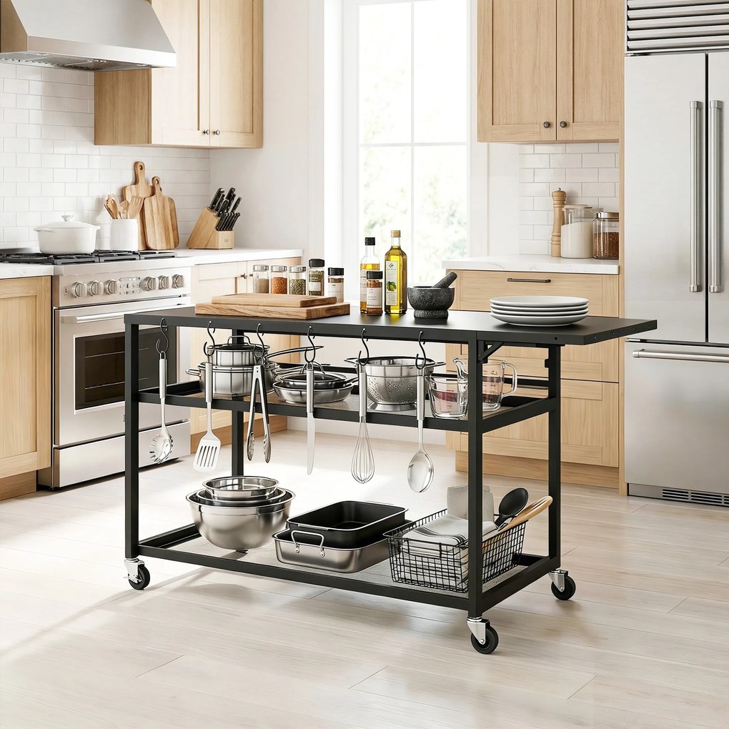 Outsunny Măsuță de grădină cărucior de grătar pe roți cu Blat Lateral Pliabil, Trei Rafturi, 133 x 48,5 x 82 cm, Negru | Aosom Romania