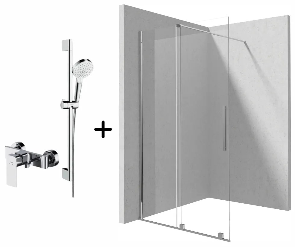 Set paravan dus walk-in cu usa glisanta, 100x195 cm, crom lucios, Deante Prizma, cu para dus, bara, furtun si baterie crom