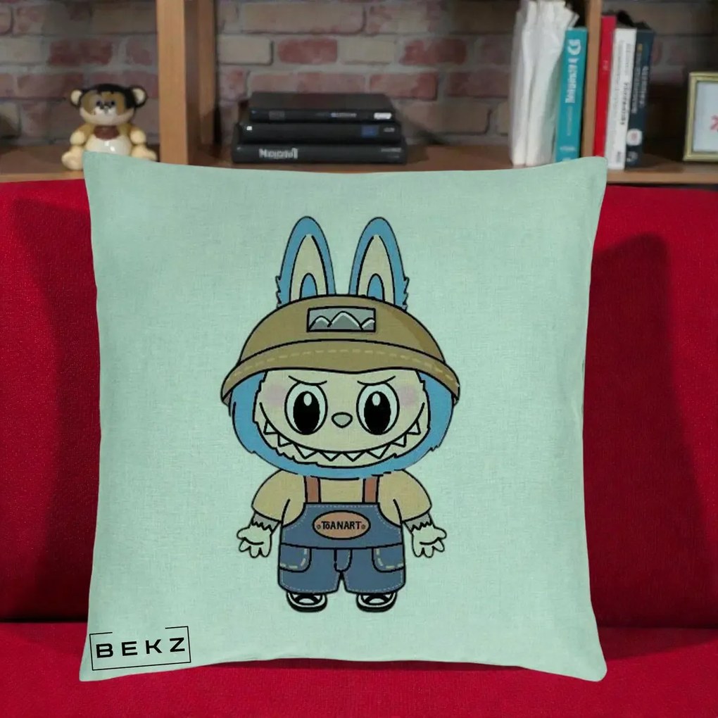 Perna Personalizata Labubu Toanart Blugi, 40x40 cm, Verde Menta, Husa Detasabila, Perna Inclusa, BEKZ®
