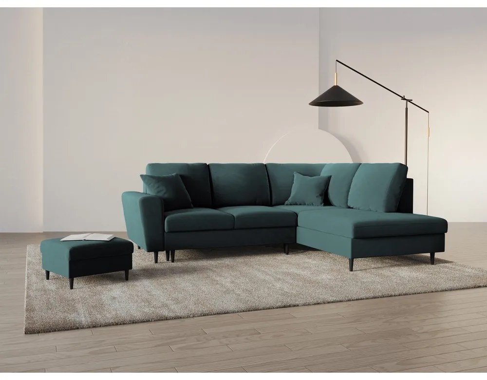 Colțar petrol extensibil, cu spațiu de depozitare cu tapițerie din catifea (cu colț pe partea dreaptă-în formă de ”L”) Kyoto – Cosmopolitan Design