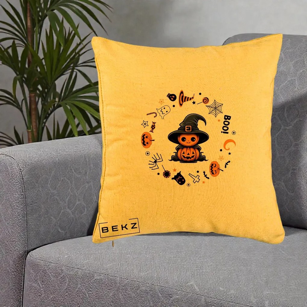 Perna Decorativa Halloween Dovleac Vrajitor Boo cu Simboluri, 40x40 cm, Galben, Husa Detasabila, Perna Inclusa, BEKZ®