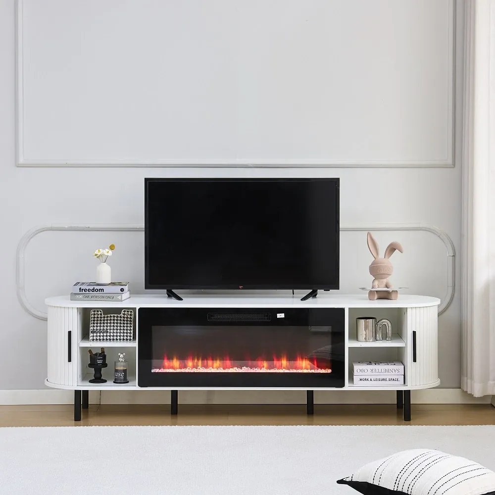 Comodă TV cu șemineu electric cu Încălzire, iluminare LED , 12 culori, Telecomandă, 180 cm, MOB136 Alb