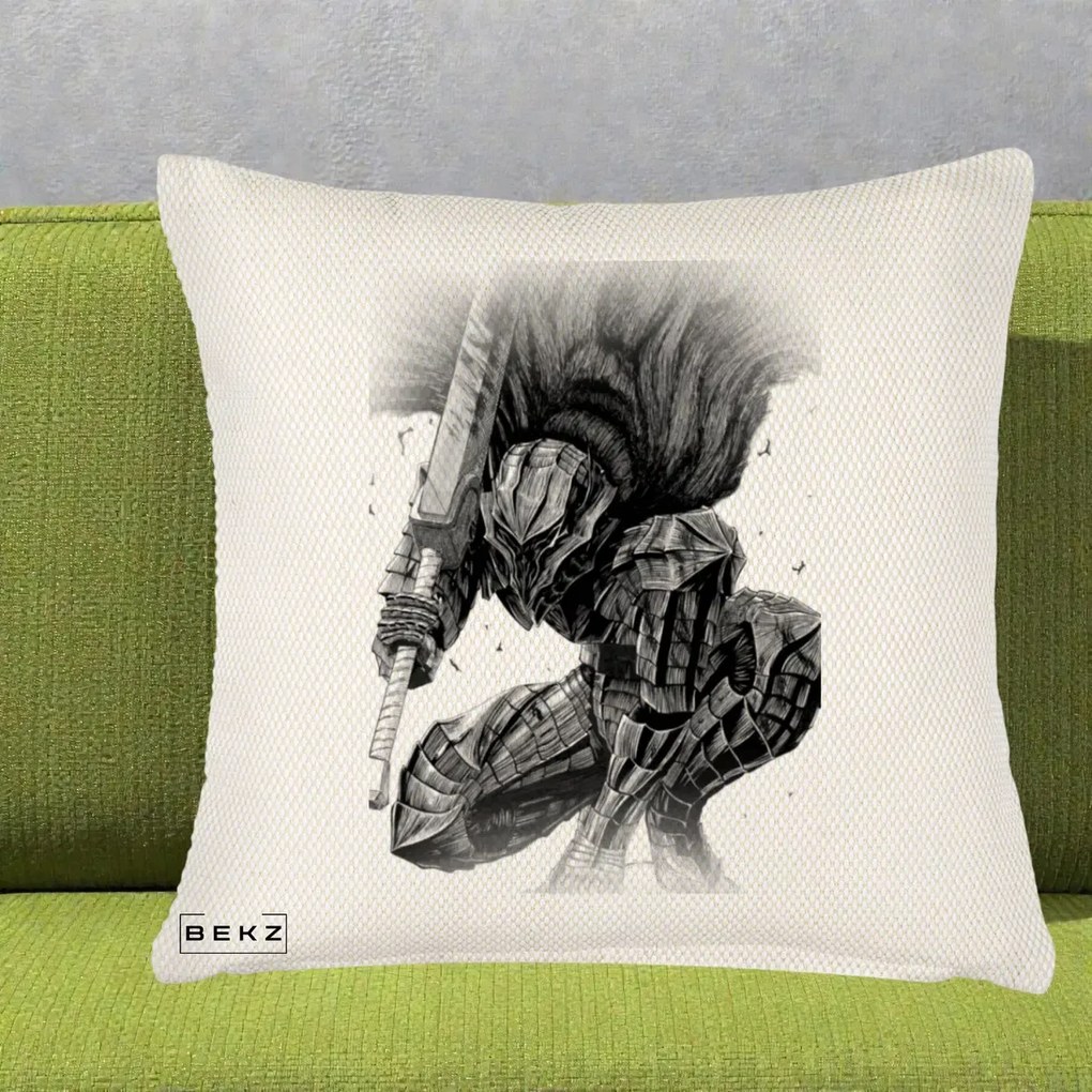 Perna Personalizata Berserk Guts Armor of Darkness Manga, 40x40 cm, Crem Reliefat, Husa Detasabila, Perna Inclusa, BEKZ®