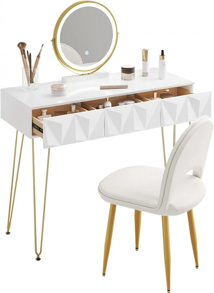 SEA435 - Set Masa toaleta, 100 cm, cosmetica machiaj, oglinda cu LED, masuta vanity, scaun tapitat - Alb lucios