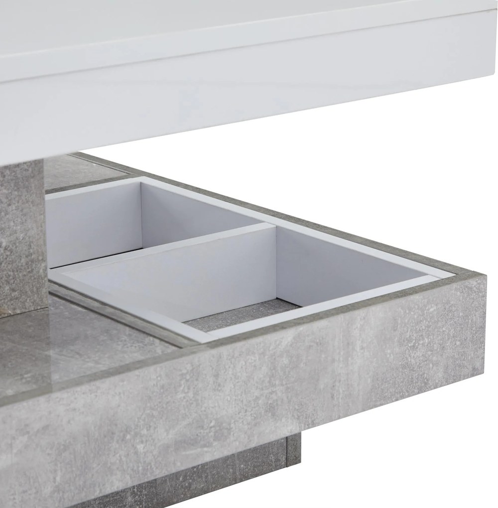 Măsuță de cafea lucioasă, rotativă la 360°, cu blat pe 2 niveluri și compartiment de depozitare, 70x70x36 cm, Alb