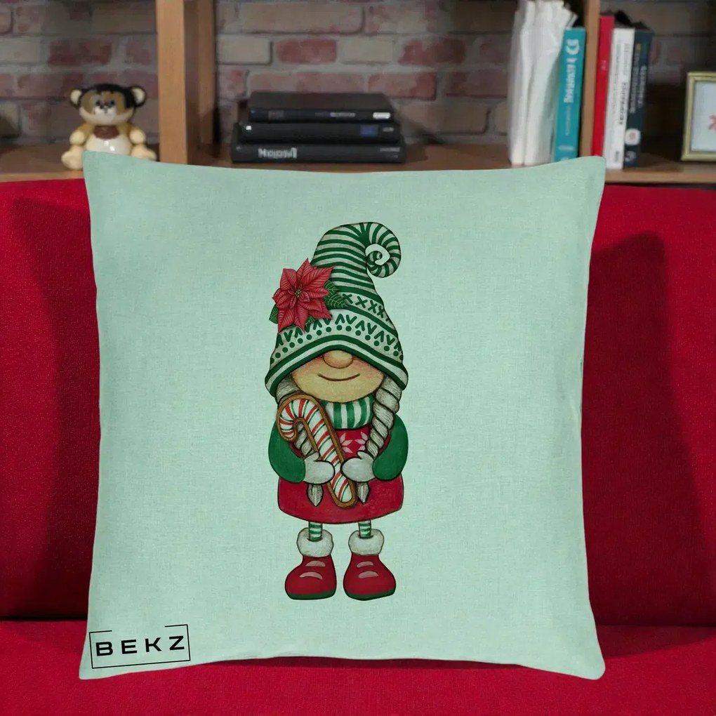 Perna Decorativa Gnom Craciun Verde cu Bomboane si Floare, 40x40 cm, Verde Menta, Husa Detasabila, Perna Inclusa, BEKZ®
