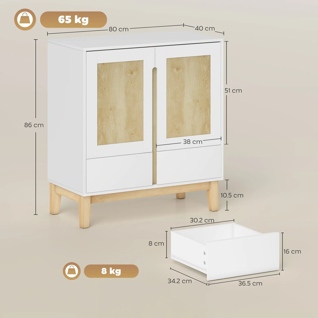 HOMCOM Bufet, mobilier de depozitare cu 2 uși, 2 sertare și raft reglabil, 80 x 40 x 86 cm, alb și stejar | Aosom Romania