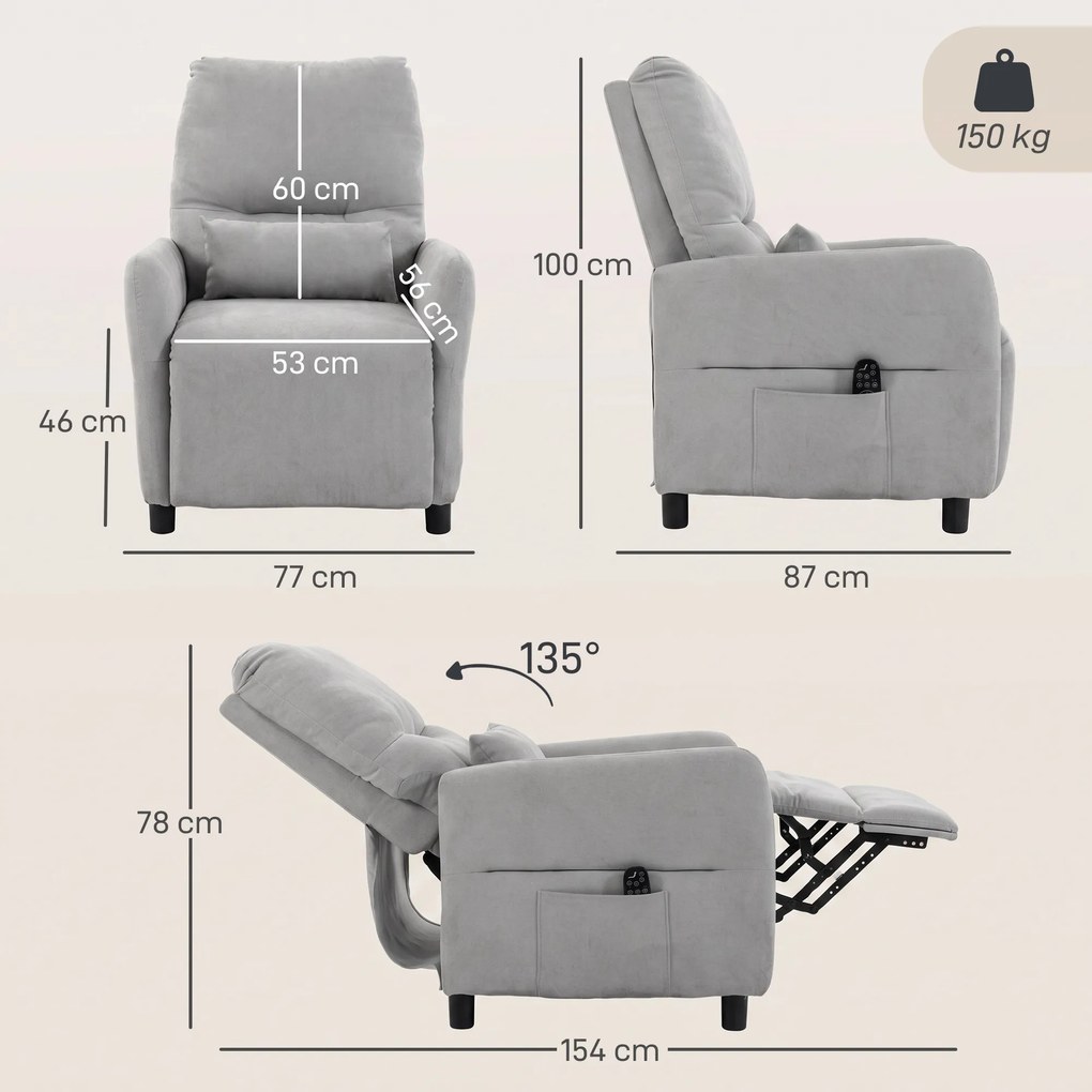 HOMCOM Fotoliu Reclinabil Manual cu Masaj și Încălzire, 135°, 8 Puncte de Masaj, Suport Picioare, Pernă Lombară, Gri | Aosom Romania