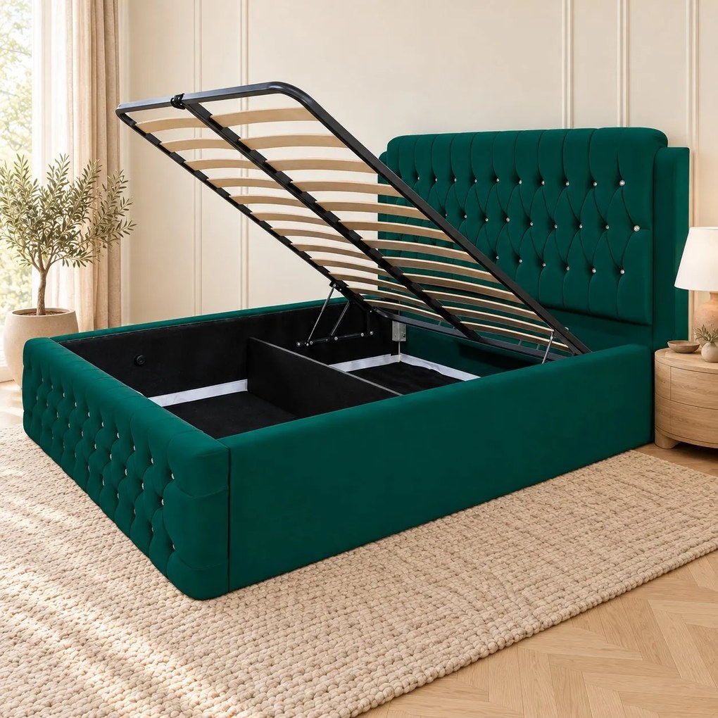 Pat tapițat Chesterfield din catifea Aveline Deluxe 180×200 cm, verde, cu ladă de depozitare