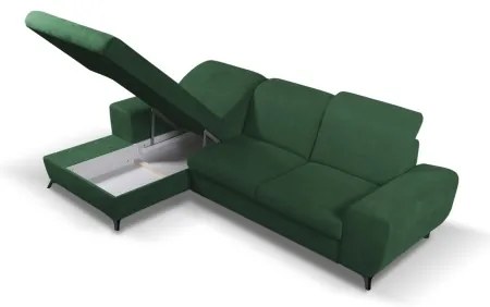 Colțar tapițat extensibil ALTA, în formă de L, cu spațiu de depozitare, stânga, verde