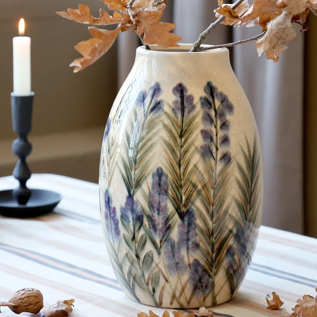 Vaza din ceramica, crem, cu motive florale, H25.5/D16.5cm