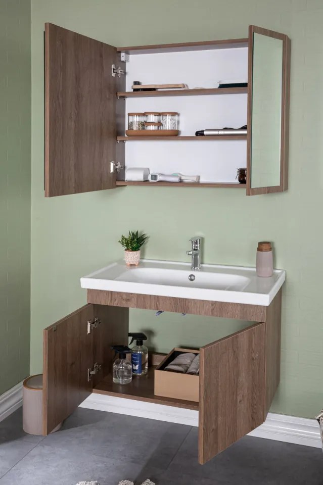 Set Mobilier Baie Bryce, Include Baza Lavoar, Lavoar și Corp cu Oglinda, 80 cm, Nuc