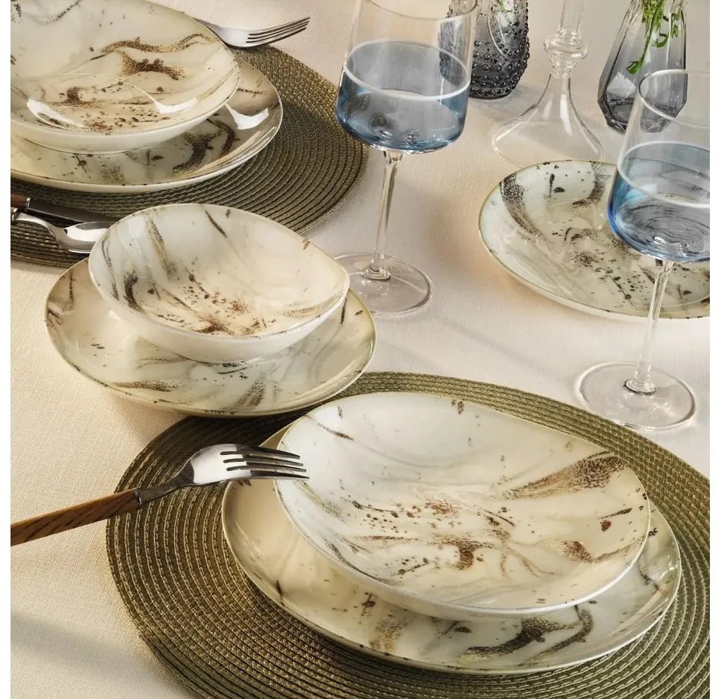 Set pentru masă, 24 piese, din porțelan, alb/maro