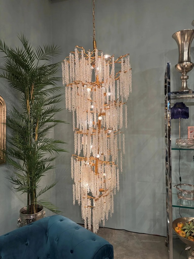 Candelabru din metal, auriu, șiruri de cristale din sticlă, 200 x 60 cm, „Cascade”