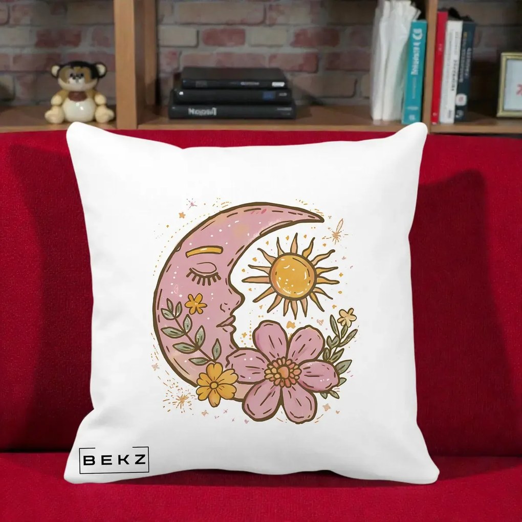 Perna Personalizata Luna si Soare Floral Boho, 40x40 cm, Alba Mata, Husa Detasabila, Perna Inclusa, BEKZ®
