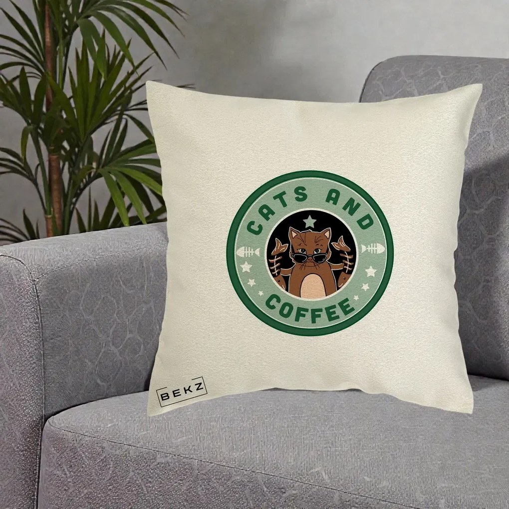 Perna Personalizata Cats and Coffee Starbucks, 40x40 cm, Ecru, Husa Detasabila, Perna Inclusa, BEKZ®