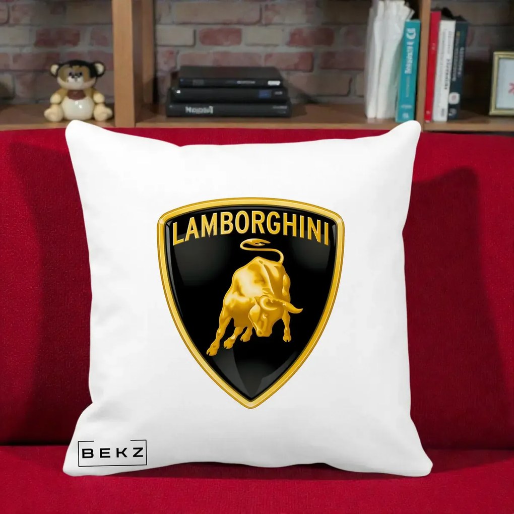 Perna Personalizata cu emblema Lamborghini, 40x40 cm, Alba Mata, Husa Detasabila, Perna Inclusa, BEKZ®