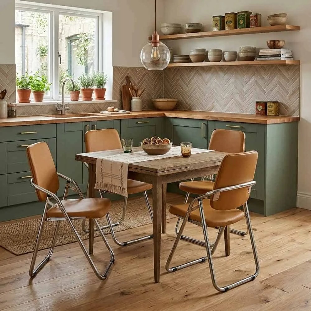 Scaun pliabil bej HRC 609 din piele ecologică și cadru metalic cromat