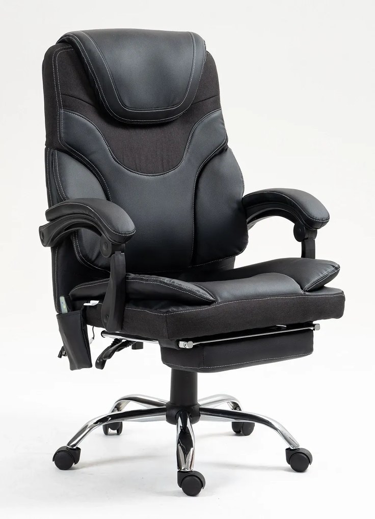 Scaun directorial cu Masaj, 7 puncte de masaj, telecomanda, suport picioare, Piele PU+Textil, Negru