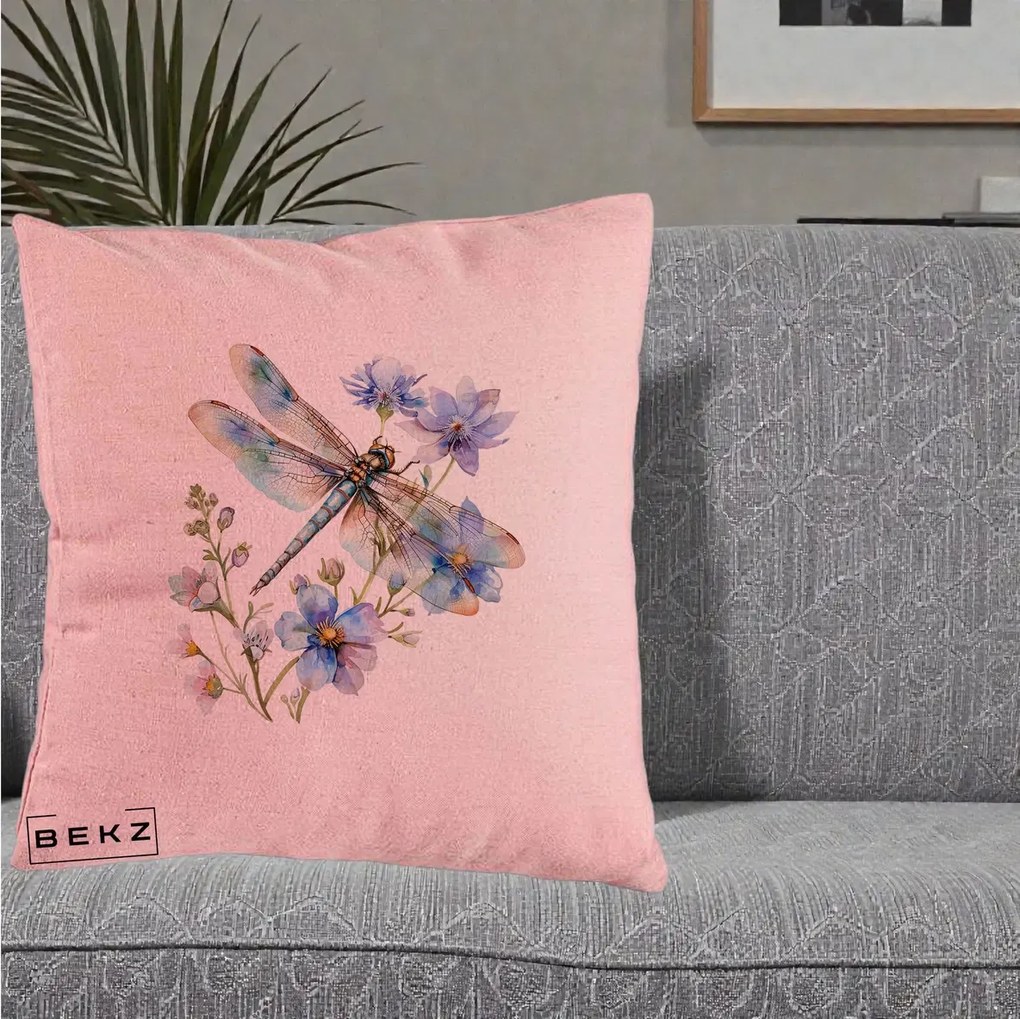 Perna Decorativa Libelula Acuarela Flori Albastre, 40x40 cm, Roz, Husa Detasabila, Perna Inclusa, BEKZ®