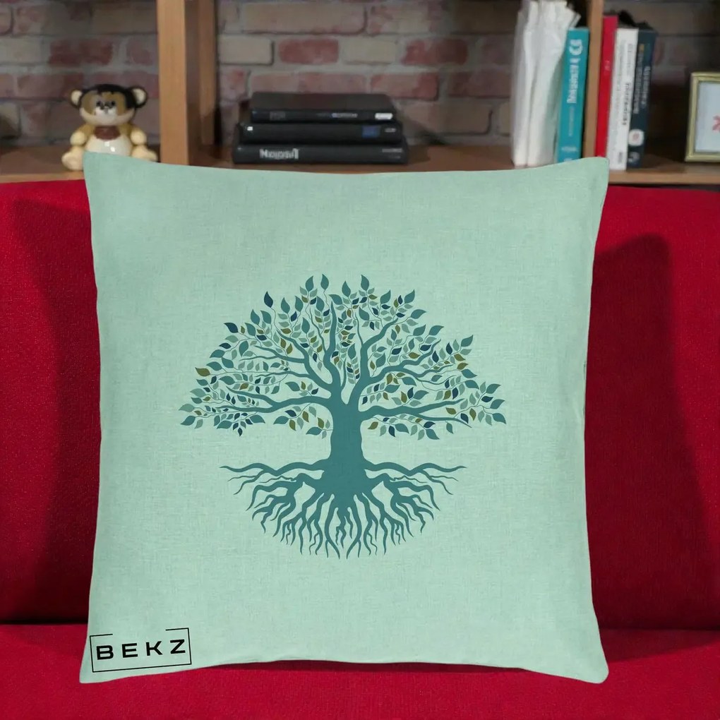 Perna Decorativa Copacul Vietii Teal cu Radacini, 40x40 cm, Verde Menta, Husa Detasabila, Perna Inclusa, BEKZ®