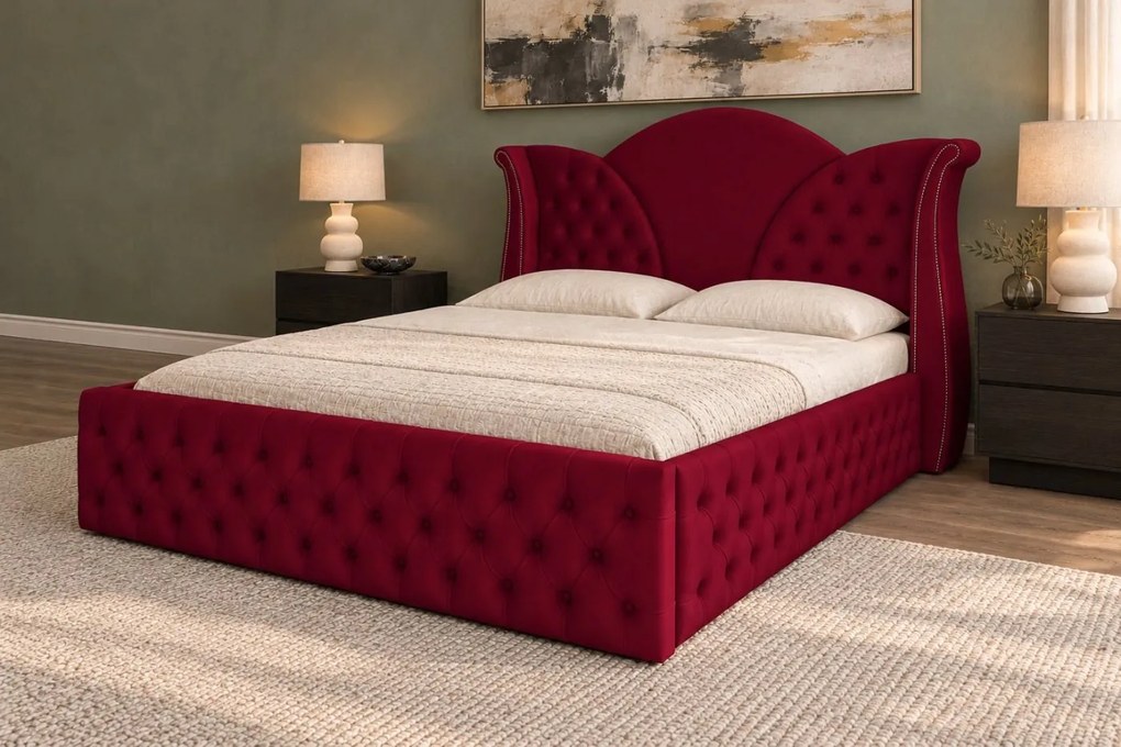 Pat tapițat Chesterfield din catifea Velora Deluxe Classic 140×200 cm, vișiniu, cu ladă de depozitare