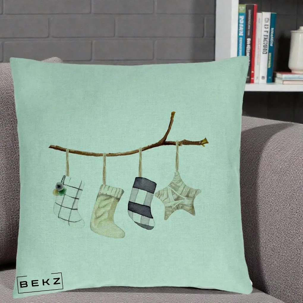 Perna Decorativa Ciorapi de Craciun pe Ramura, 40x40 cm, Verde Menta, Husa Detasabila, Perna Inclusa, BEKZ®