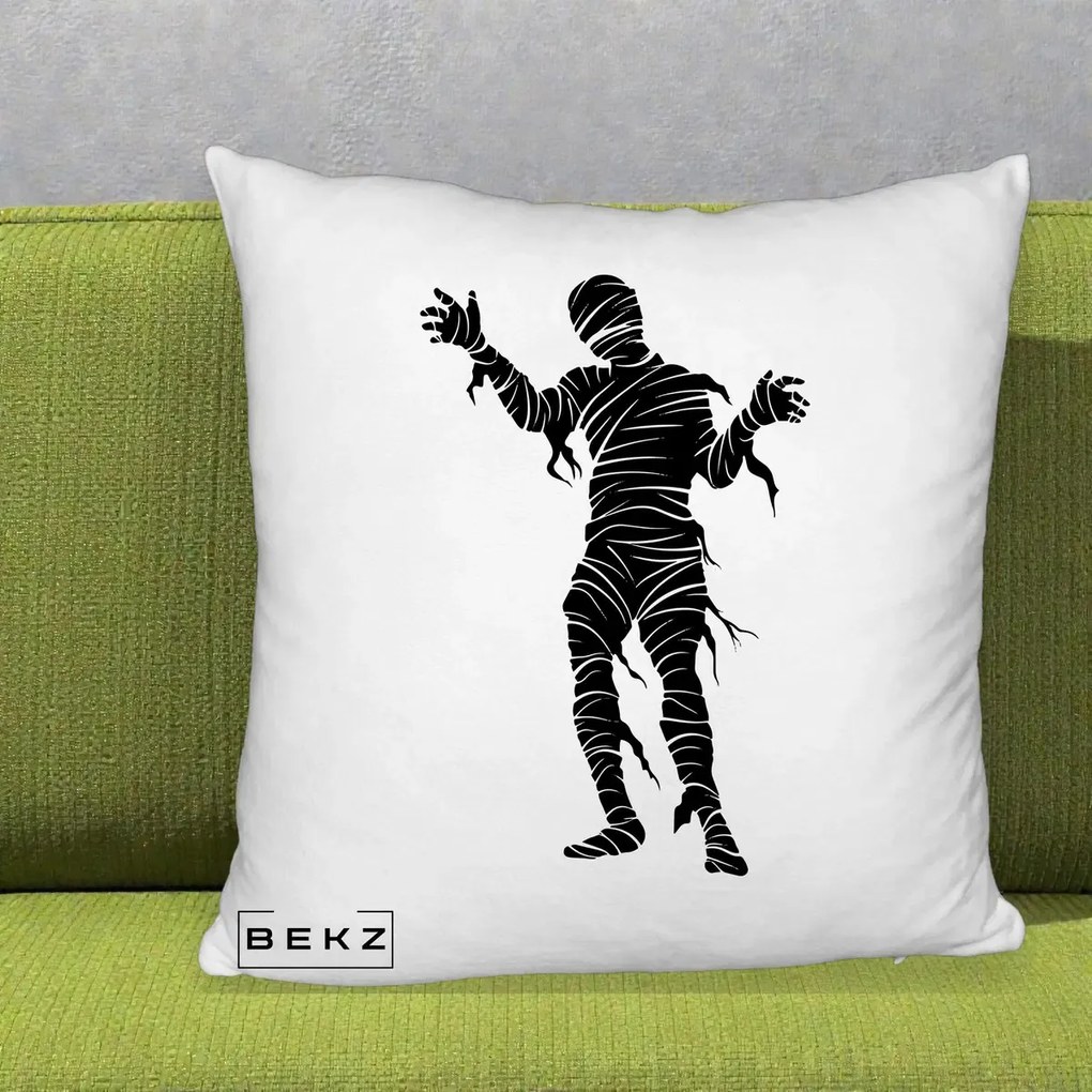 Perna Decorativa Mormii Infricosat Silueta Neagra Halloween, 40x40 cm, Alb Pufos, Husa Detasabila, Perna Inclusa, BEKZ®