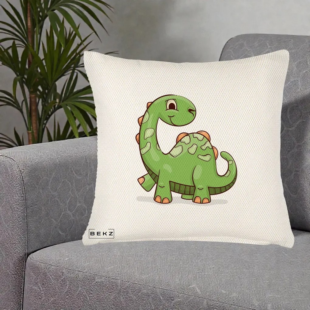 Perna Decorativa Brontosaur Verde Simpatic, 40x40 cm, Crem Reliefat, Husa Detasabila, Perna Inclusa, BEKZ®